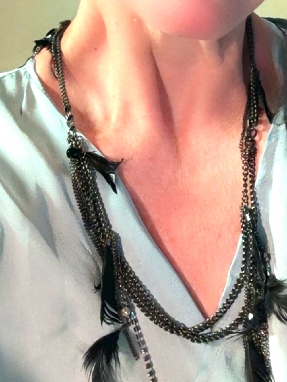 Black Feather Multi Strand Chain Necklace Gothic Boho Statement Long